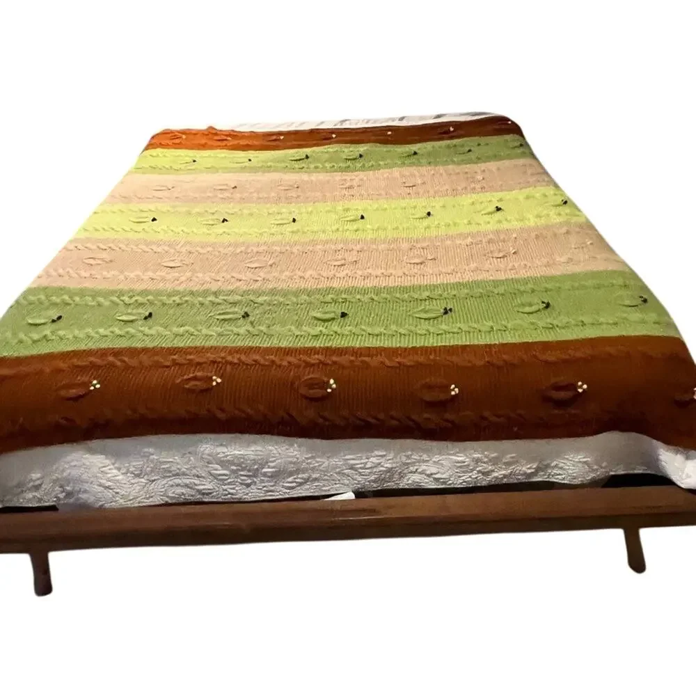 Vintage Blanket Bedspread Crochet Granny Cable Knit Multicolor Fall Cozy Hygge